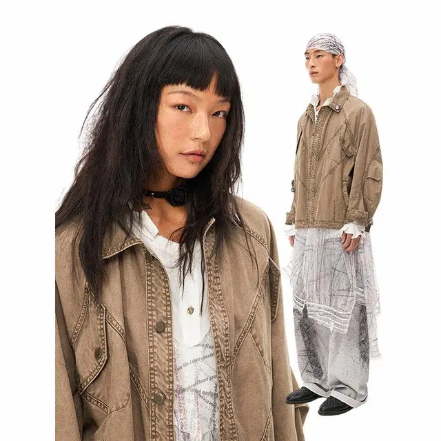 物理少年 舒适时尚简约翻领单排扣长袖牛仔外套 男女同款 浅咖色