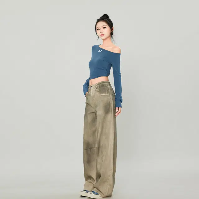 木林森 做脏做旧设计废土风宽松休闲直筒牛仔裤 男女同款 脏杏色