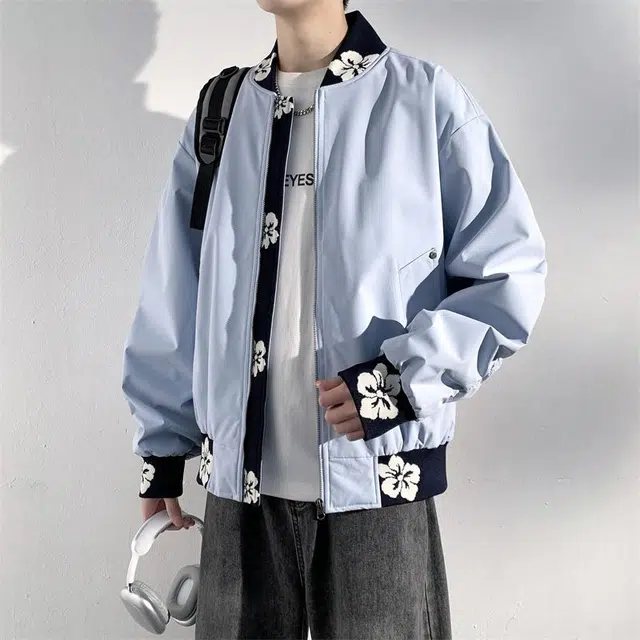 物质公式 美式高街复古潮流宽松百搭时尚花朵夹克外套 男女同款 黑色