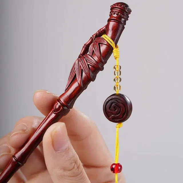 弹指木匠 木簪日常古风竹节新中式高级感步摇发钗盘发头饰品 紫檀木 发簪 女款