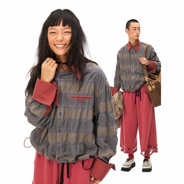 物理少年 定格时光宽松复古长袖衬衫 男女同款 蓝咖格子