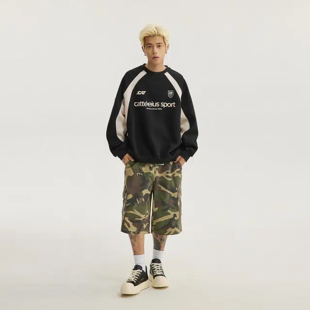 玉儿恋 美式潮牌拼接酷帅圆领宽松休闲随性运动重磅长袖卫衣 男女同款