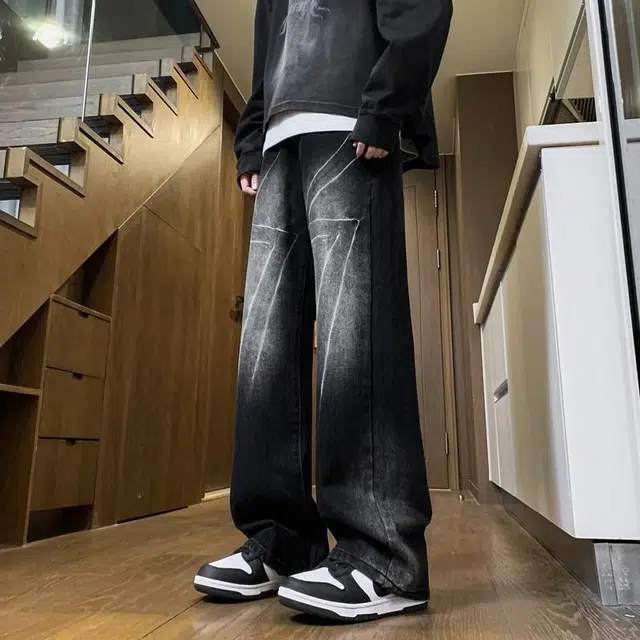 海底小纵队 美式高街趣味做旧宽松重水洗日常通勤舒适中腰牛仔裤 男女同款