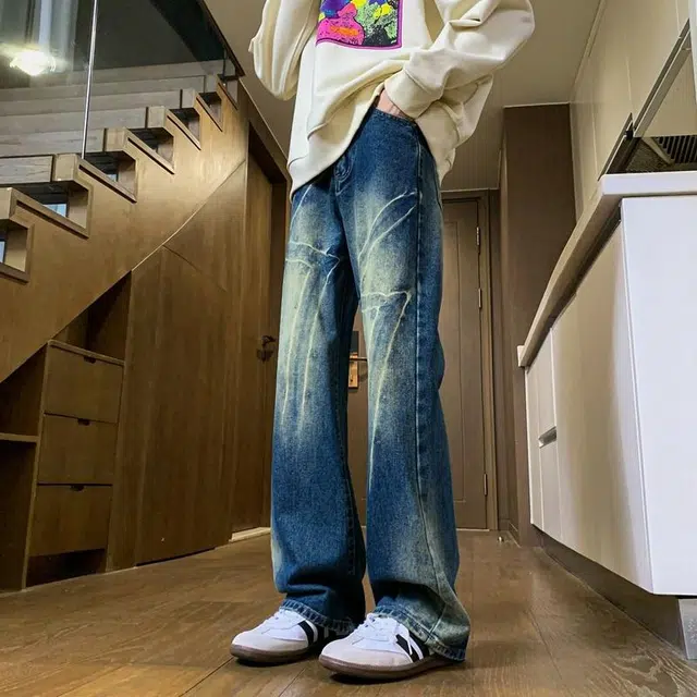 海底小纵队 美式高街趣味做旧宽松重水洗日常通勤舒适中腰牛仔裤 男女同款