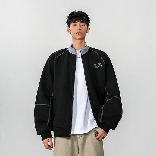 雅鹿 美式复古百搭运动设计辑明线休闲立领宽松插肩夹克外套 男女同款