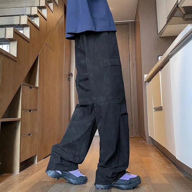 金贝勒 字母印花中腰宽松直筒系带工装裤 男女同款