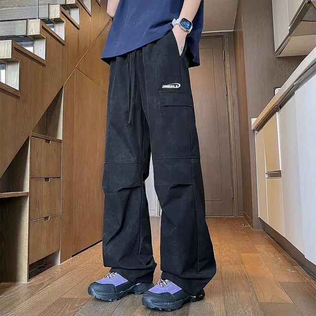 金贝勒 字母印花中腰宽松直筒系带工装裤 男女同款