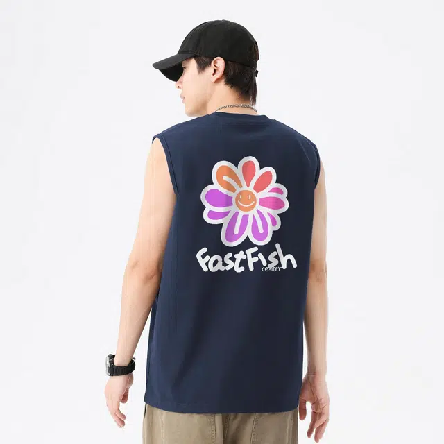 快鱼 美式甜酷风正面俏皮花朵图案加字母小印花背面大花朵图案宽松透气日常通勤百搭慵懒时尚童真创意趣味设计背心 男女同款