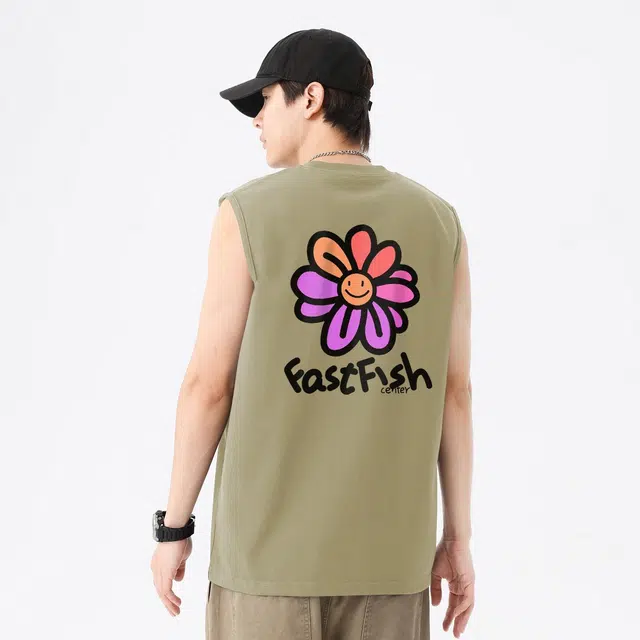 快鱼 美式甜酷风正面俏皮花朵图案加字母小印花背面大花朵图案宽松透气日常通勤百搭慵懒时尚童真创意趣味设计背心 男女同款