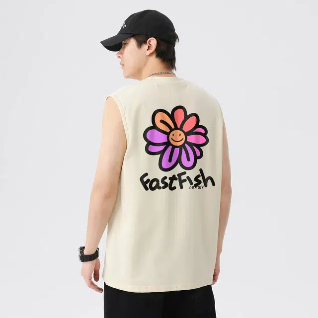 快鱼 美式甜酷风正面俏皮花朵图案加字母小印花背面大花朵图案宽松透气日常通勤百搭慵懒时尚童真创意趣味设计背心 男女同款