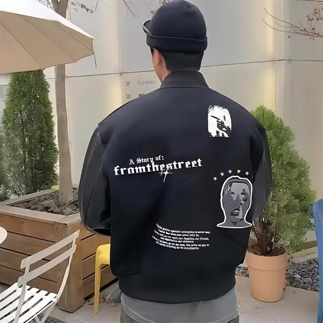 极限涡轮  美式复古徽章毛巾刺绣撞色设计保暖宽松休闲飞行员棒球服 男女同款 黑色