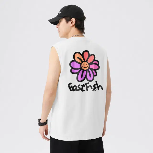快鱼 美式甜酷风正面俏皮花朵图案加字母小印花背面大花朵图案宽松透气日常通勤百搭慵懒时尚童真创意趣味设计背心 男女同款