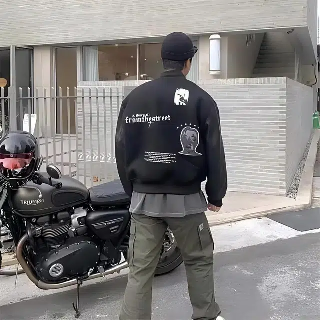 极限涡轮  美式复古徽章毛巾刺绣撞色设计保暖宽松休闲飞行员棒球服 男女同款 黑色