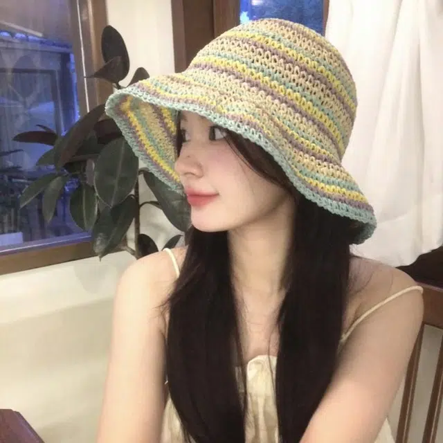 优幽兰 小众设计感田园风撞色草帽韩版百搭夏季海边拍照沙滩度假可折叠防紫外线编织太阳帽甜美 纤维素材料 渔夫帽 女款