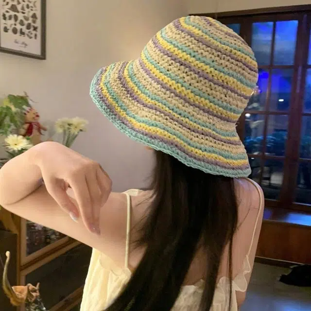 优幽兰 小众设计感田园风撞色草帽韩版百搭夏季海边拍照沙滩度假可折叠防紫外线编织太阳帽甜美 纤维素材料 渔夫帽 女款