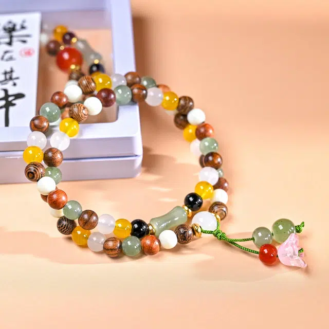 灵晔 新中式文玩佛珠多财多福多巴胺多宝珠招财纳福转运珠多圈叠戴盘玩复古民族风平安#好运 檀木 手串 男女同款情侣款