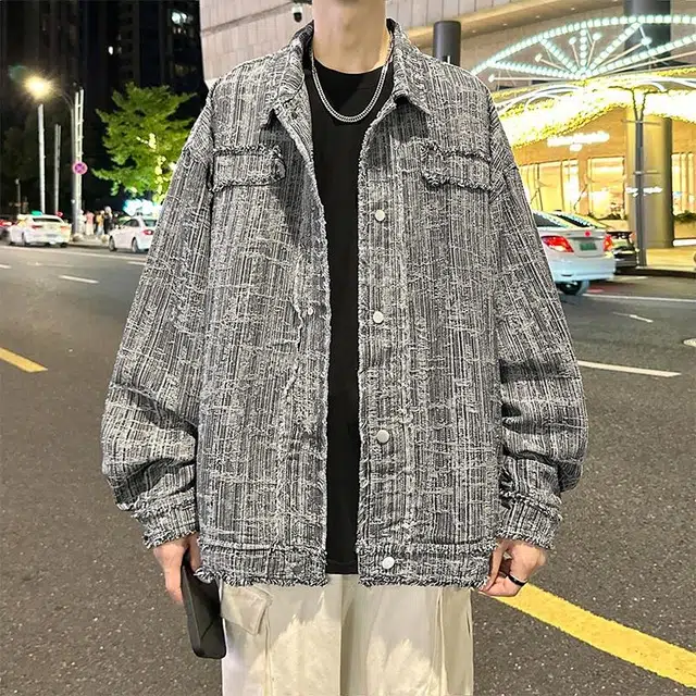 玉儿恋 复古美式学院风纯色毛边宽松休闲百搭牛仔外套 男女同款