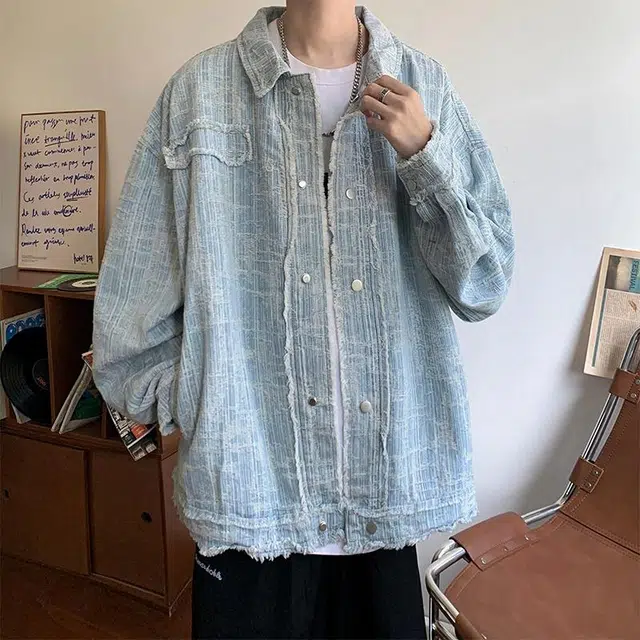 玉儿恋 复古美式学院风纯色毛边宽松休闲百搭牛仔外套 男女同款