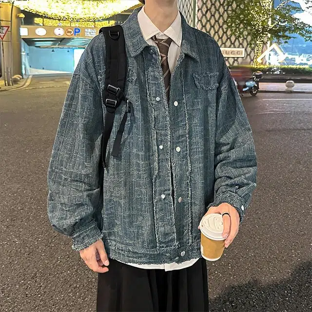 玉儿恋 复古美式学院风纯色毛边宽松休闲百搭牛仔外套 男女同款