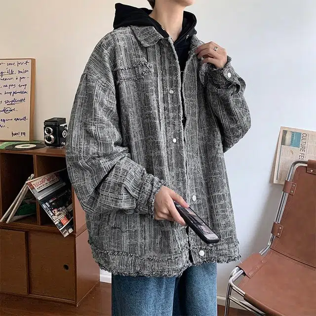玉儿恋 复古美式学院风纯色毛边宽松休闲百搭牛仔外套 男女同款