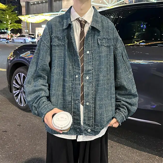 玉儿恋 复古美式学院风纯色毛边宽松休闲百搭牛仔外套 男女同款