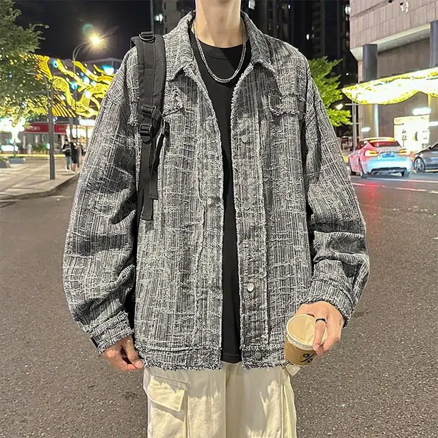 玉儿恋 复古美式学院风纯色毛边宽松休闲百搭牛仔外套 男女同款