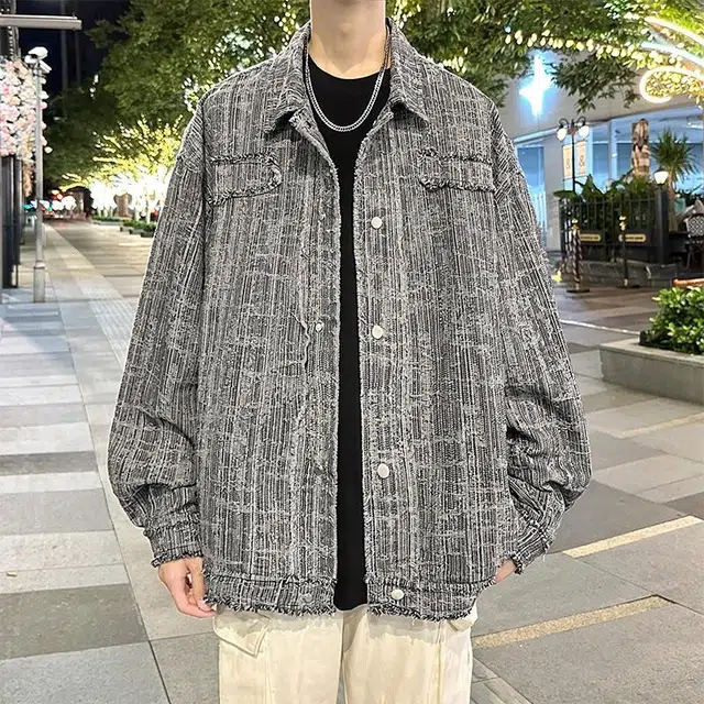 玉儿恋 复古美式学院风纯色毛边宽松休闲百搭牛仔外套 男女同款