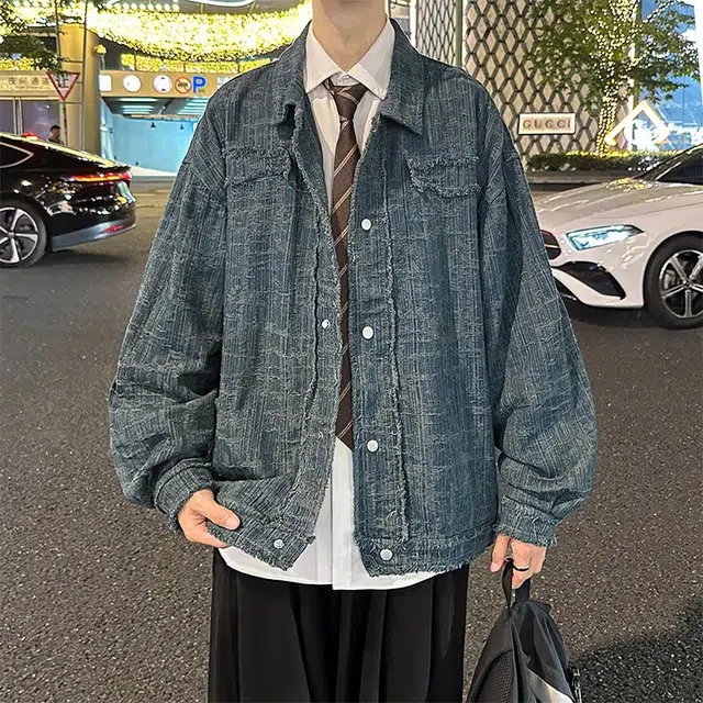 玉儿恋 复古美式学院风纯色毛边宽松休闲百搭牛仔外套 男女同款