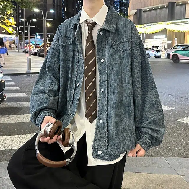 玉儿恋 复古美式学院风纯色毛边宽松休闲百搭牛仔外套 男女同款