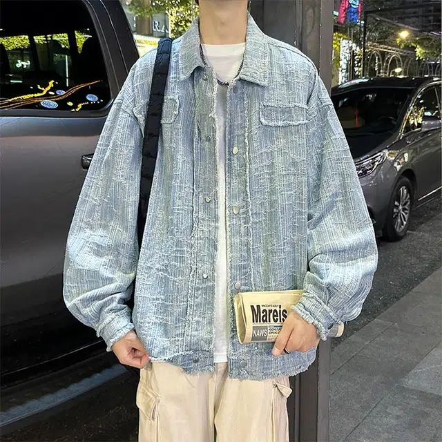 玉儿恋 复古美式学院风纯色毛边宽松休闲百搭牛仔外套 男女同款