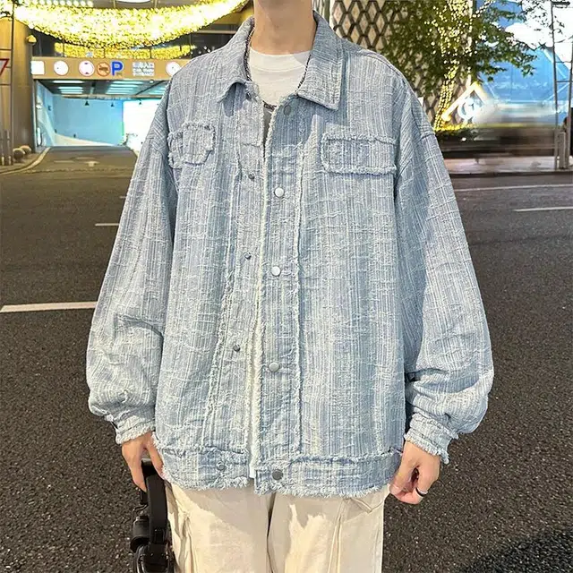 玉儿恋 复古美式学院风纯色毛边宽松休闲百搭牛仔外套 男女同款