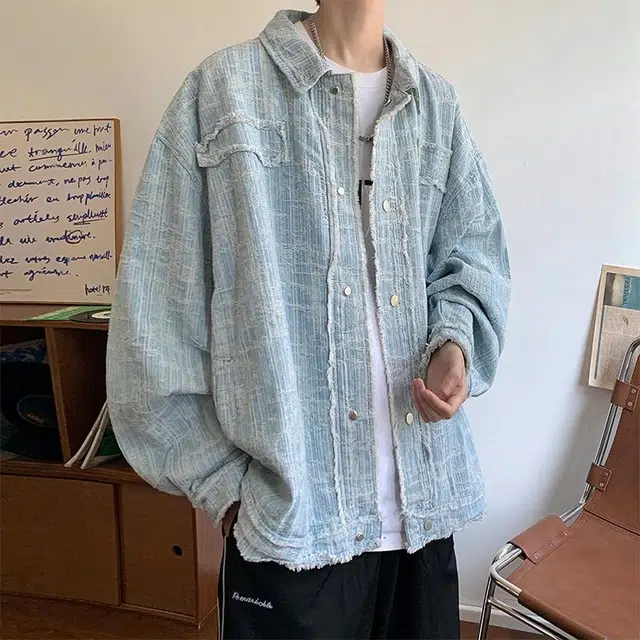 玉儿恋 复古美式学院风纯色毛边宽松休闲百搭牛仔外套 男女同款