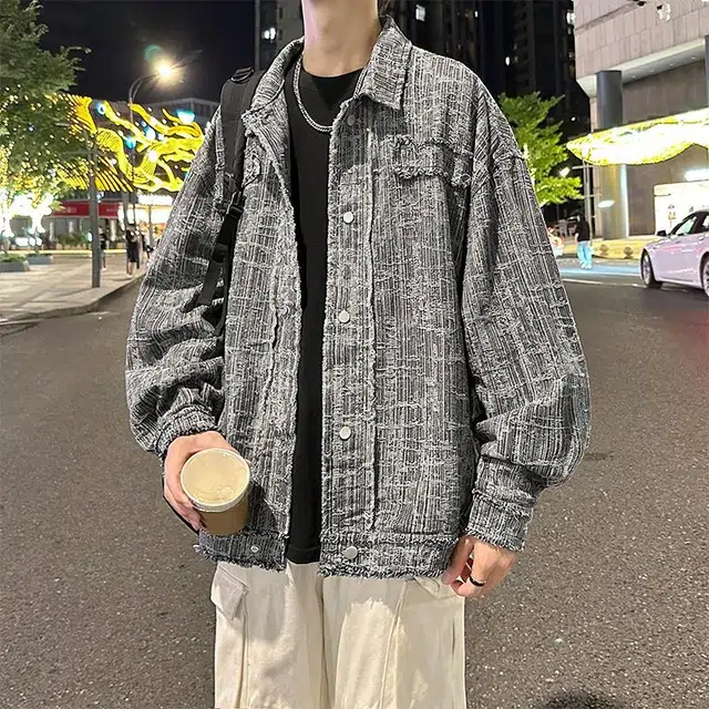 玉儿恋 复古美式学院风纯色毛边宽松休闲百搭牛仔外套 男女同款