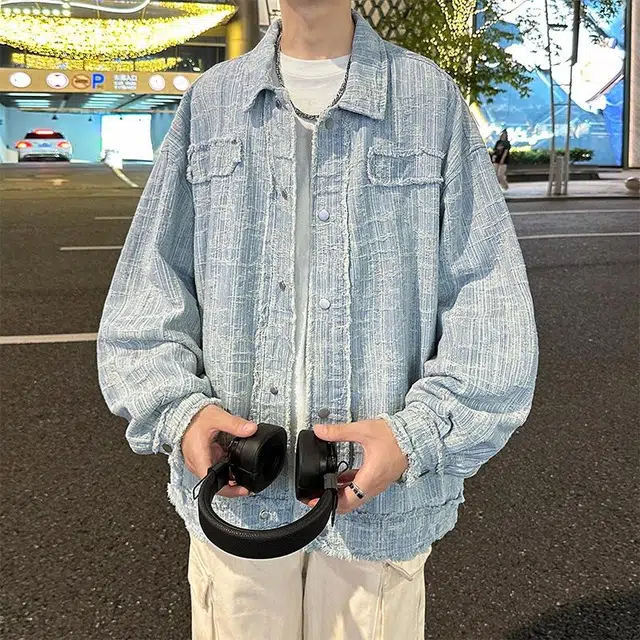 玉儿恋 复古美式学院风纯色毛边宽松休闲百搭牛仔外套 男女同款