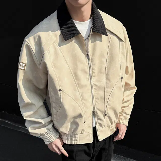 王者荣耀 复古简约拼接时尚百搭宽松翻领长袖拉链外套皮衣 男女同款