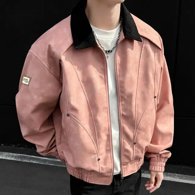 王者荣耀 复古简约拼接时尚百搭宽松翻领长袖拉链外套皮衣 男女同款