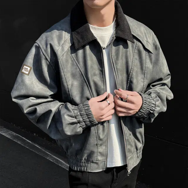 王者荣耀 复古简约拼接时尚百搭宽松翻领长袖拉链外套皮衣 男女同款