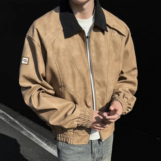 王者荣耀 复古简约拼接时尚百搭宽松翻领长袖拉链外套皮衣 男女同款