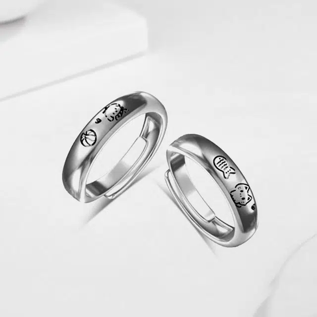 尚银福 卡通猫狗情侣戒 萌趣可爱小狗小猫爱情故事小众创意设计 森系小清新时尚轻奢高级感百搭对戒 好运 合金 戒指 男女同款情侣款