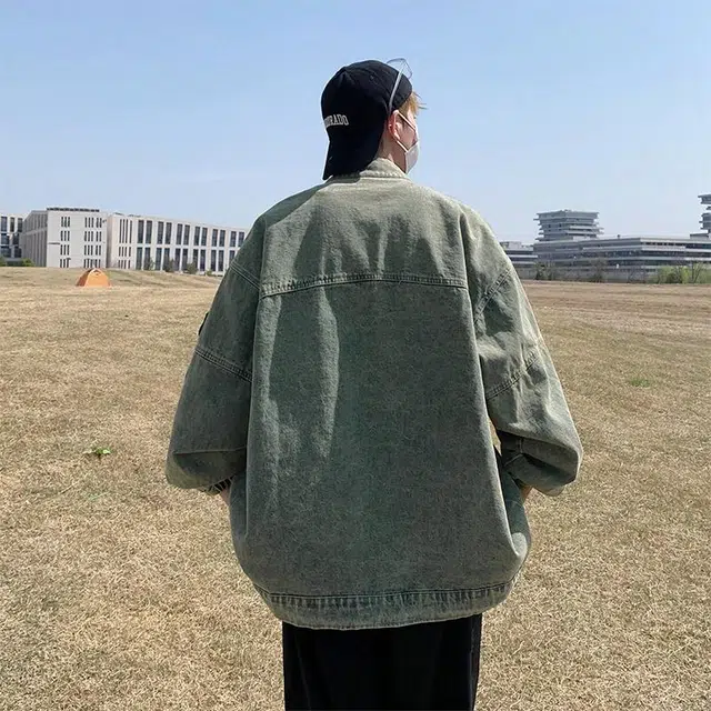玉儿恋 美式机车复古做旧立领刺绣宽松牛仔外套 男女同款 蓝色