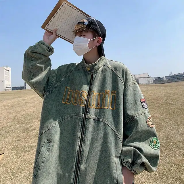 玉儿恋 美式机车复古做旧立领刺绣宽松牛仔外套 男女同款 蓝色