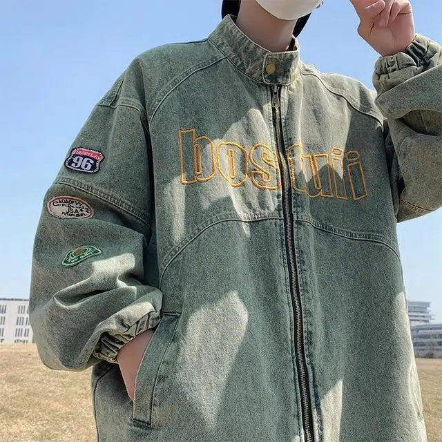 玉儿恋 美式机车复古做旧立领刺绣宽松牛仔外套 男女同款 蓝色