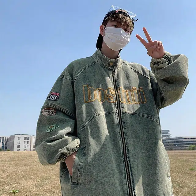 玉儿恋 美式机车复古做旧立领刺绣宽松牛仔外套 男女同款 蓝色
