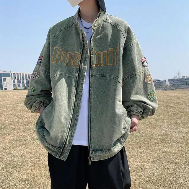 玉儿恋 美式机车复古做旧立领刺绣宽松牛仔外套 男女同款 蓝色