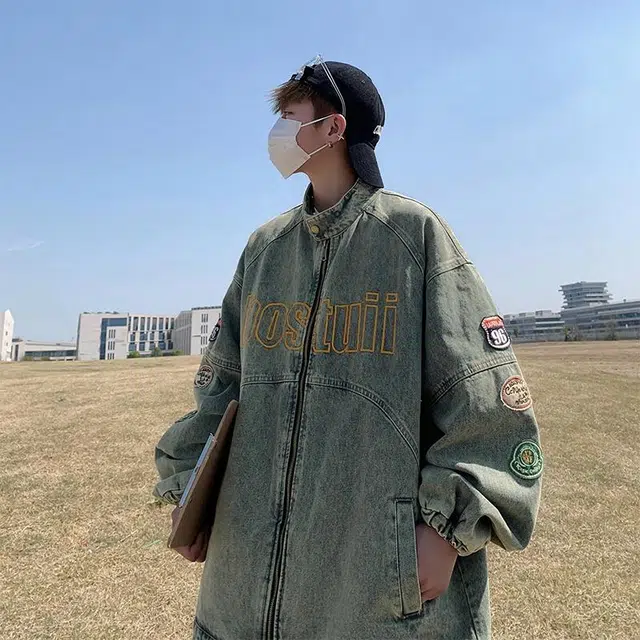 玉儿恋 美式机车复古做旧立领刺绣宽松牛仔外套 男女同款 蓝色