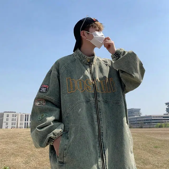 玉儿恋 美式机车复古做旧立领刺绣宽松牛仔外套 男女同款 蓝色