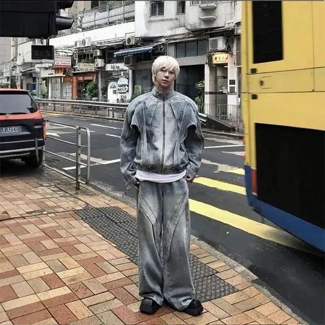 极限涡轮 美式拼接解构立领做旧潮牌水洗短款牛仔外套 男女同款 蓝色
