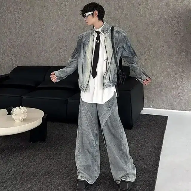 极限涡轮 美式拼接解构立领做旧潮牌水洗短款牛仔外套 男女同款 蓝色