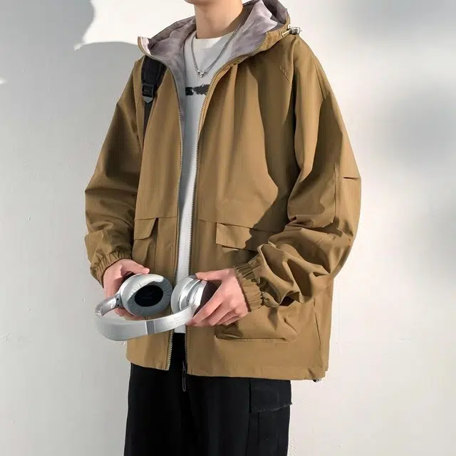 美力城 美式高街复古基础款两面穿休闲宽松防风无性别主义百搭痞帅连帽夹克外套 男女同款