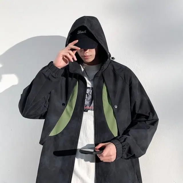 美力城 美式高街撞色设计感时尚简约防风飞行服户外运动无性别主义宽松连帽休闲拉链长袖夹克外套 男女同款